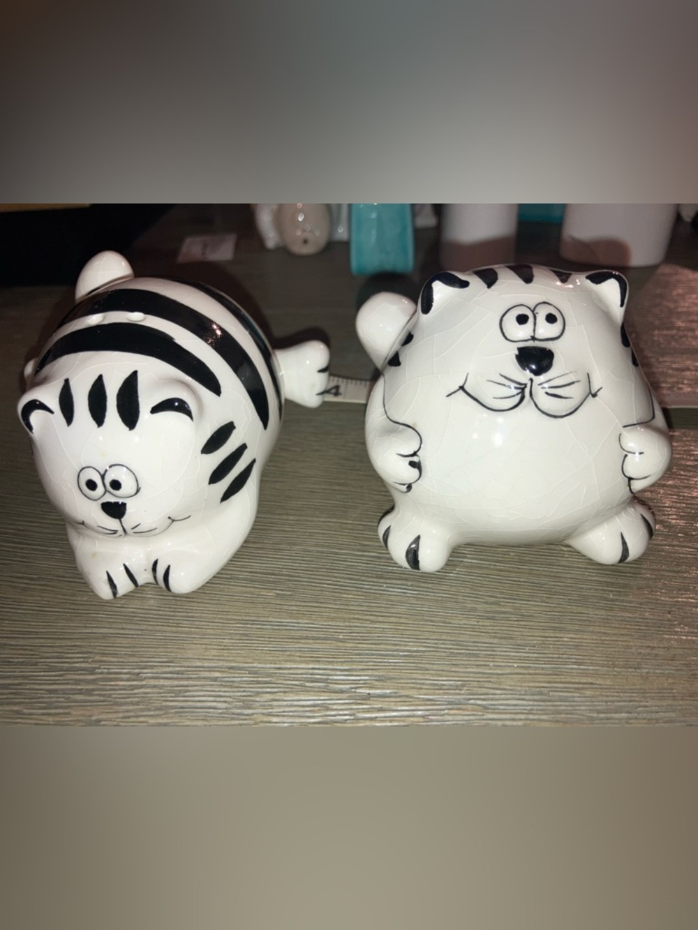 White Ceramic Cat Salt and Pepper Shakers - Black Details